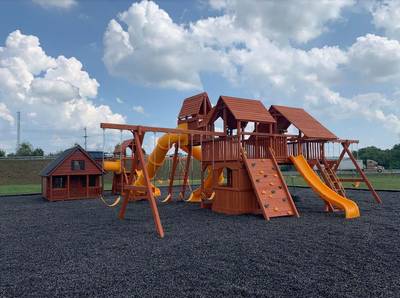 large wooden playset for kids woodplay with slides and swingset